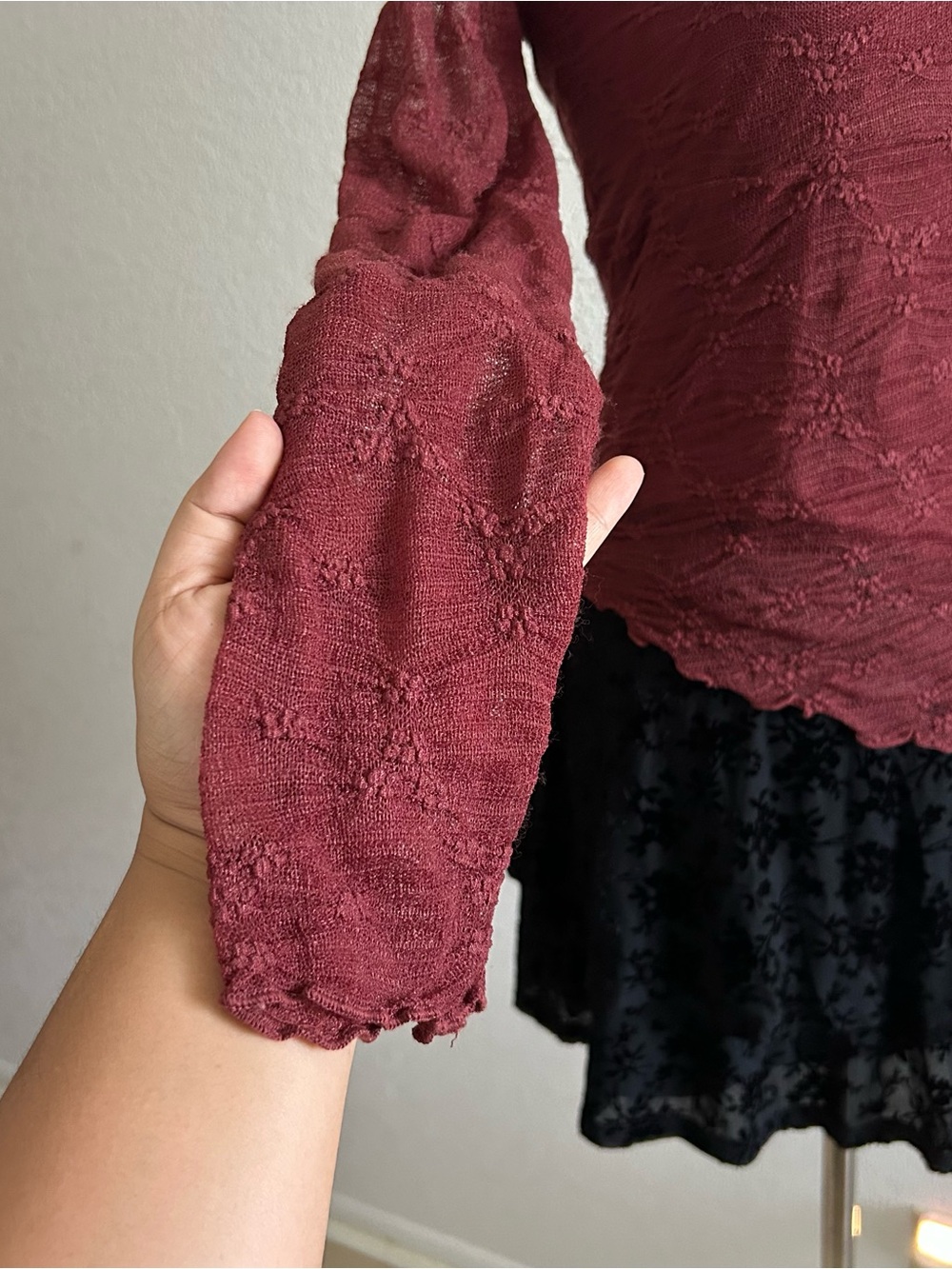 La Peche Whimsigoth Y2K Style Burgundy Asymmetrical Lace Long Sleeve Blouse Top - Picture 5 of 8